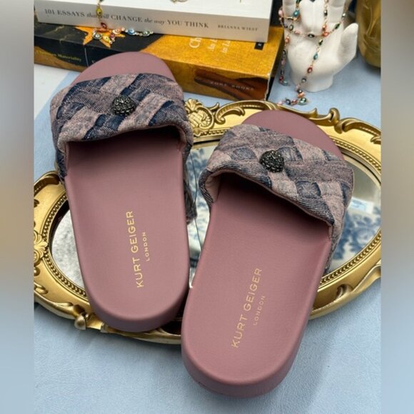 🆕 KURT GEIGER LONDON 🧿 NWOB Pink Bleach Denim Meena Eagle Slides, Sz 40 US9 - Picture 11 of 14